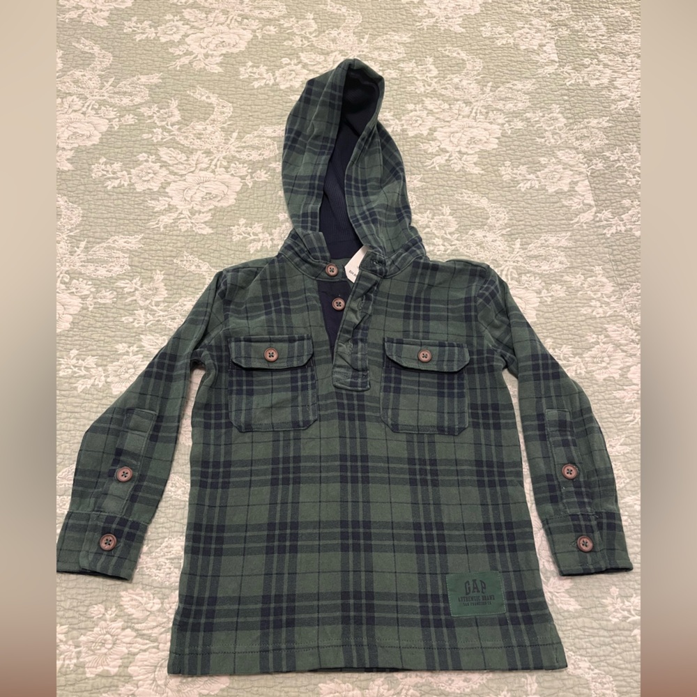 GAP Kids Green Plaid Hooded Shirt